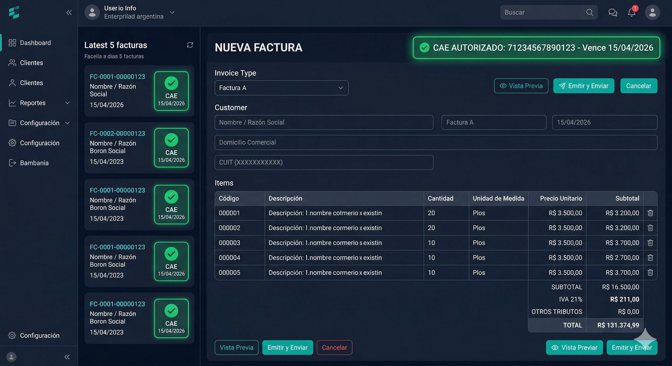 Dashboard de facturación electrónica AFIP con CAE en tiempo real y estado de autorización