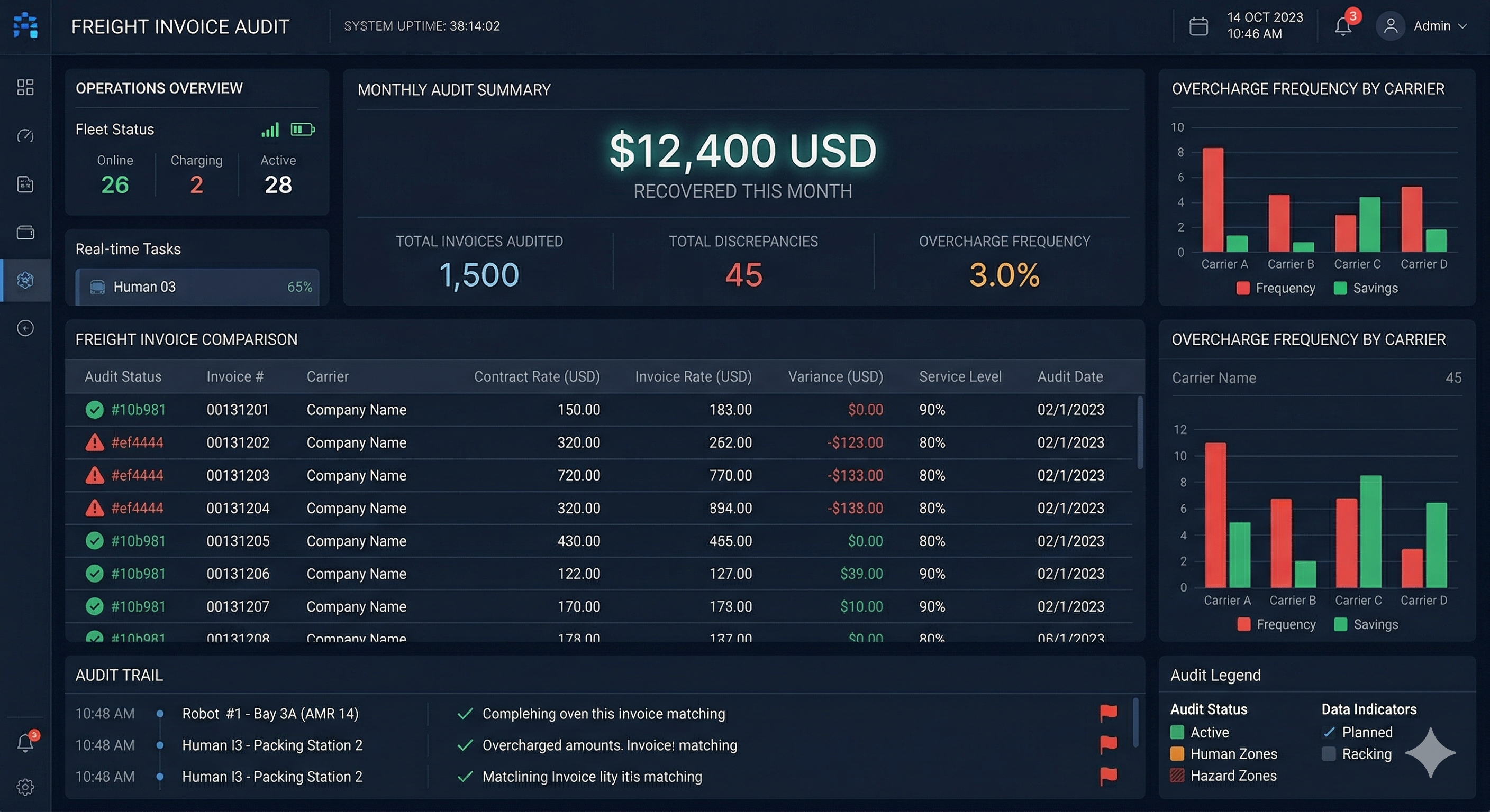Dashboard de auditoría de fletes con comparación de tarifas y detección de sobrecargos