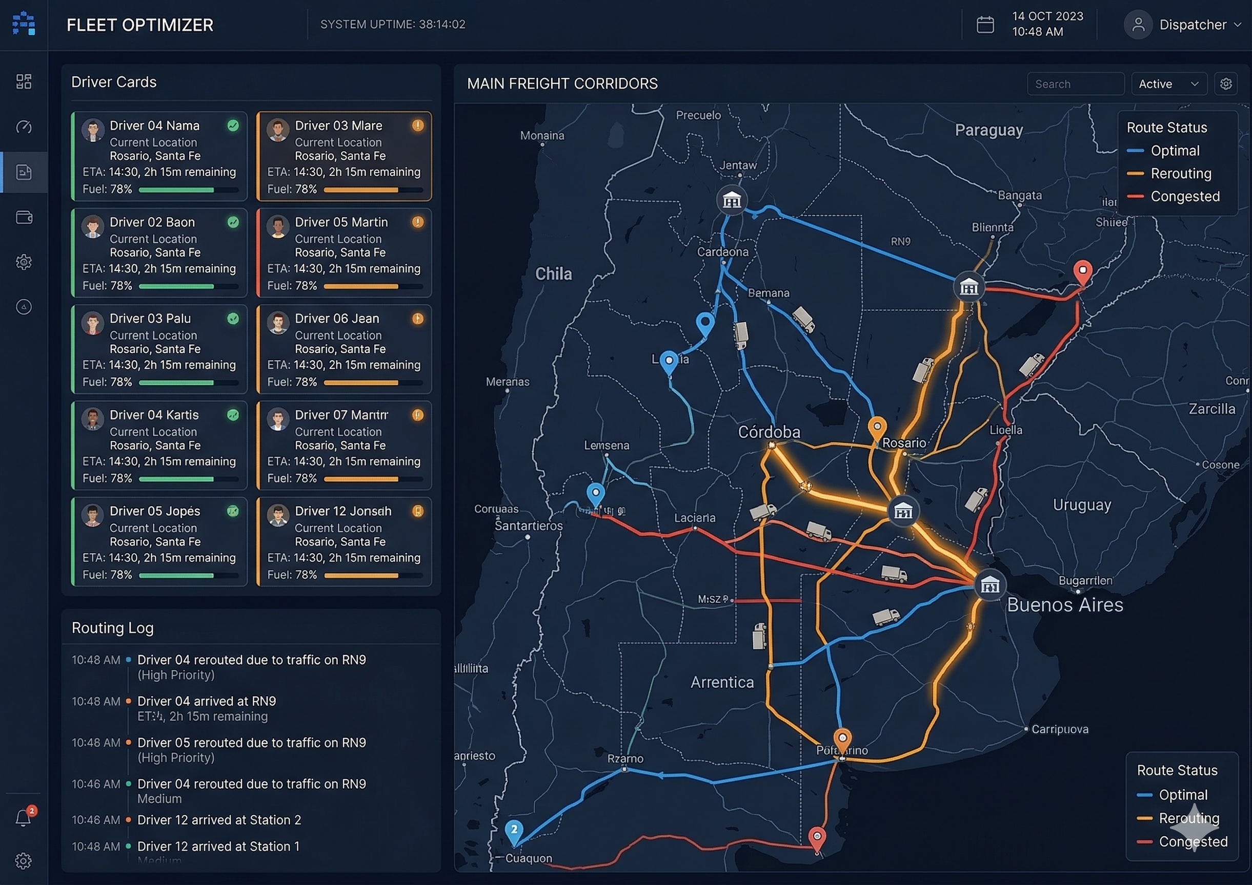 Mapa de optimización de rutas dinámicas con corredores de carga en tiempo real