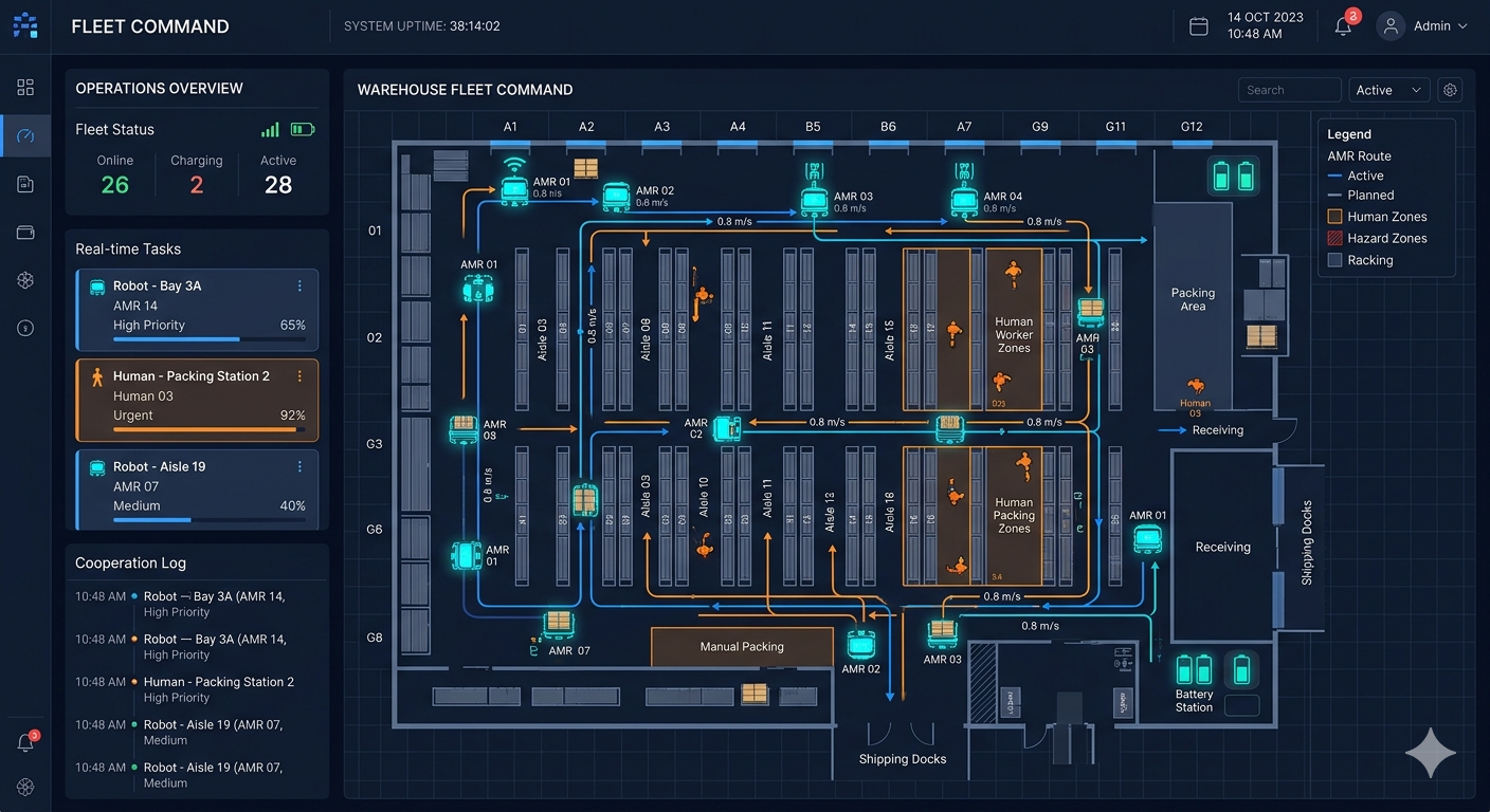 Dashboard de cooperativa robótica AMR con rutas y zonas humanas en almacén inteligente
